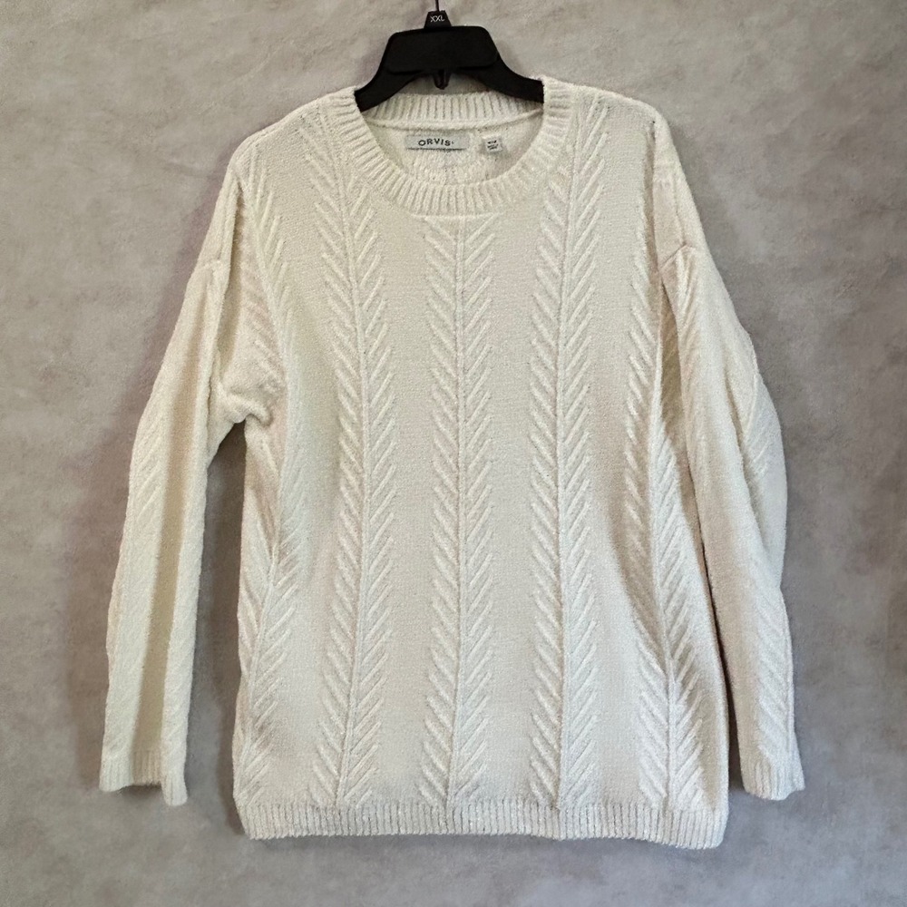 Orvis Womens Cream Chenille Chevron Cable Knit Crewneck Sweater Medium 1723712